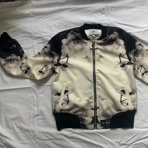 Cream & Black Floral Smoke Print Bomber Jacket